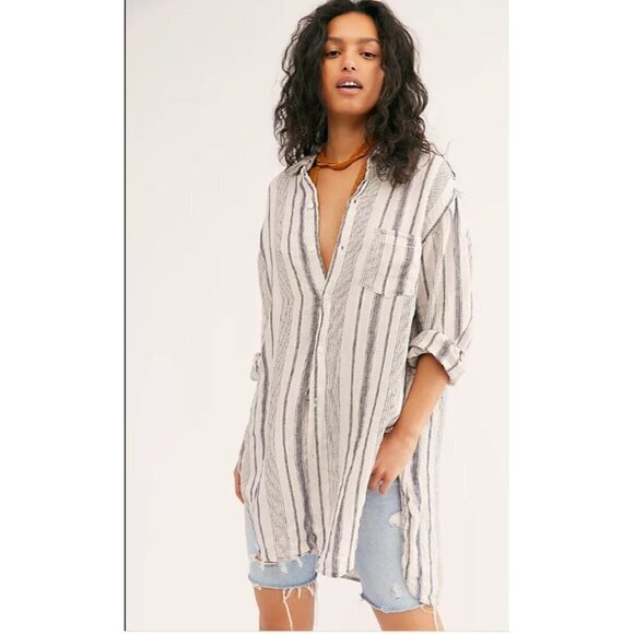 Free People CP Shades Linen Stripe Button-down Shirt Oversized Size XS NEW - Picture 2 of 8